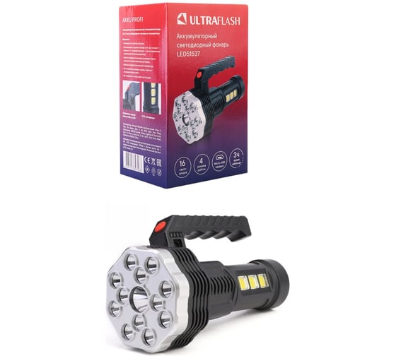 Изображение товара Аккумуляторный фонарь Ultraflash LED51537 4В, черный, 16LED, 3 Вт, 4 реж, Micro USB, бокс 15193