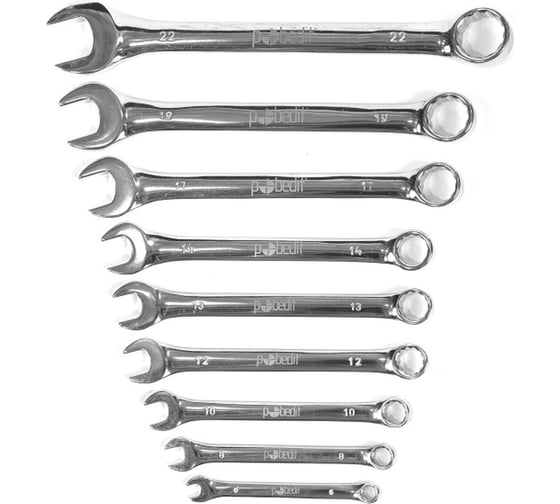 Изображение товара Набор комбинированных ключей Pobedit Cr-V, зеркальная полировка, 6-22 мм, 9 шт. 2735514