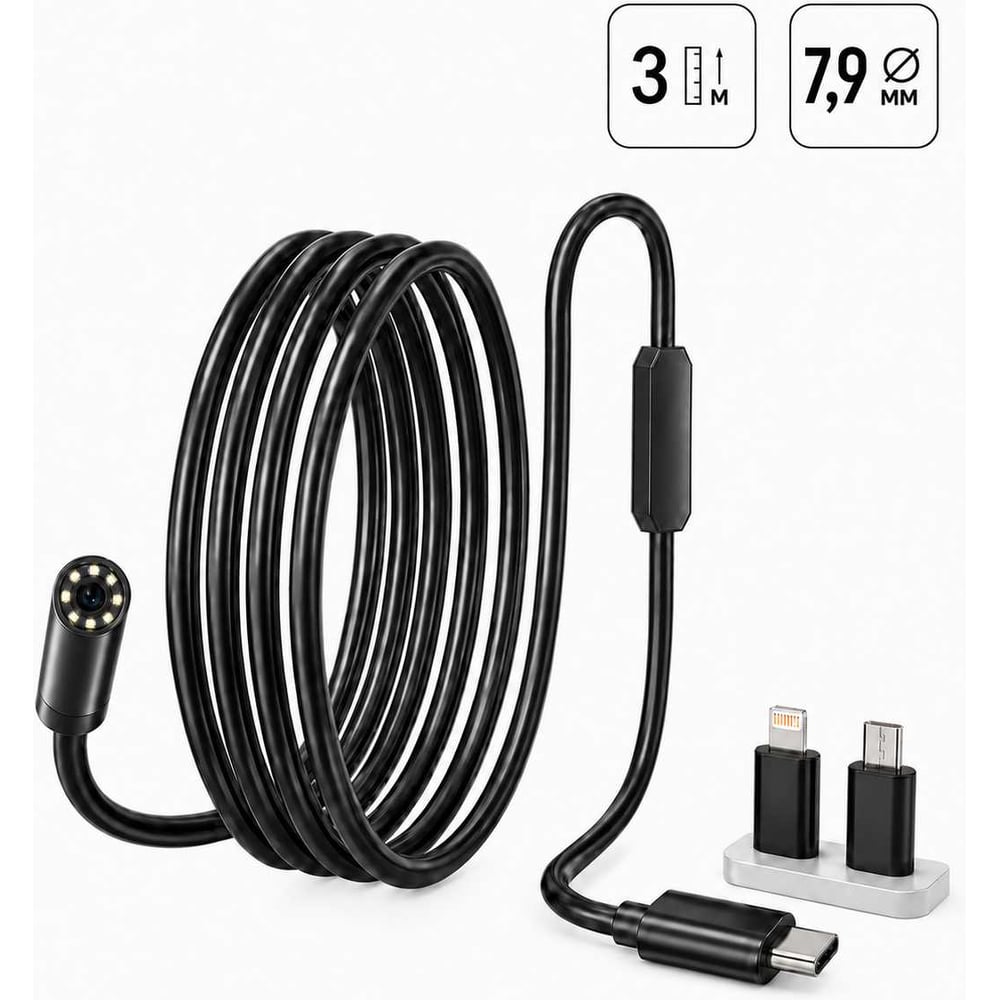 Изображение товара Видеоэндоскоп iCarTool USB, для смартфона/планшета 2Мп (1920x1080), зонд 7.9мм, длина 1м IC-V801