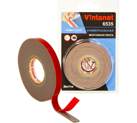 Изображение товара Монтажная клейкая двусторонняя лента Vintanet 6535, универсальная, 6 мм х 1,5 м 6MMX1,5M