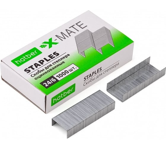 Изображение товара Скобы для степлера Hatber X-Mate №24/6 1000 скоб, 6 мм, оцинкованные, 10 шт. 063651