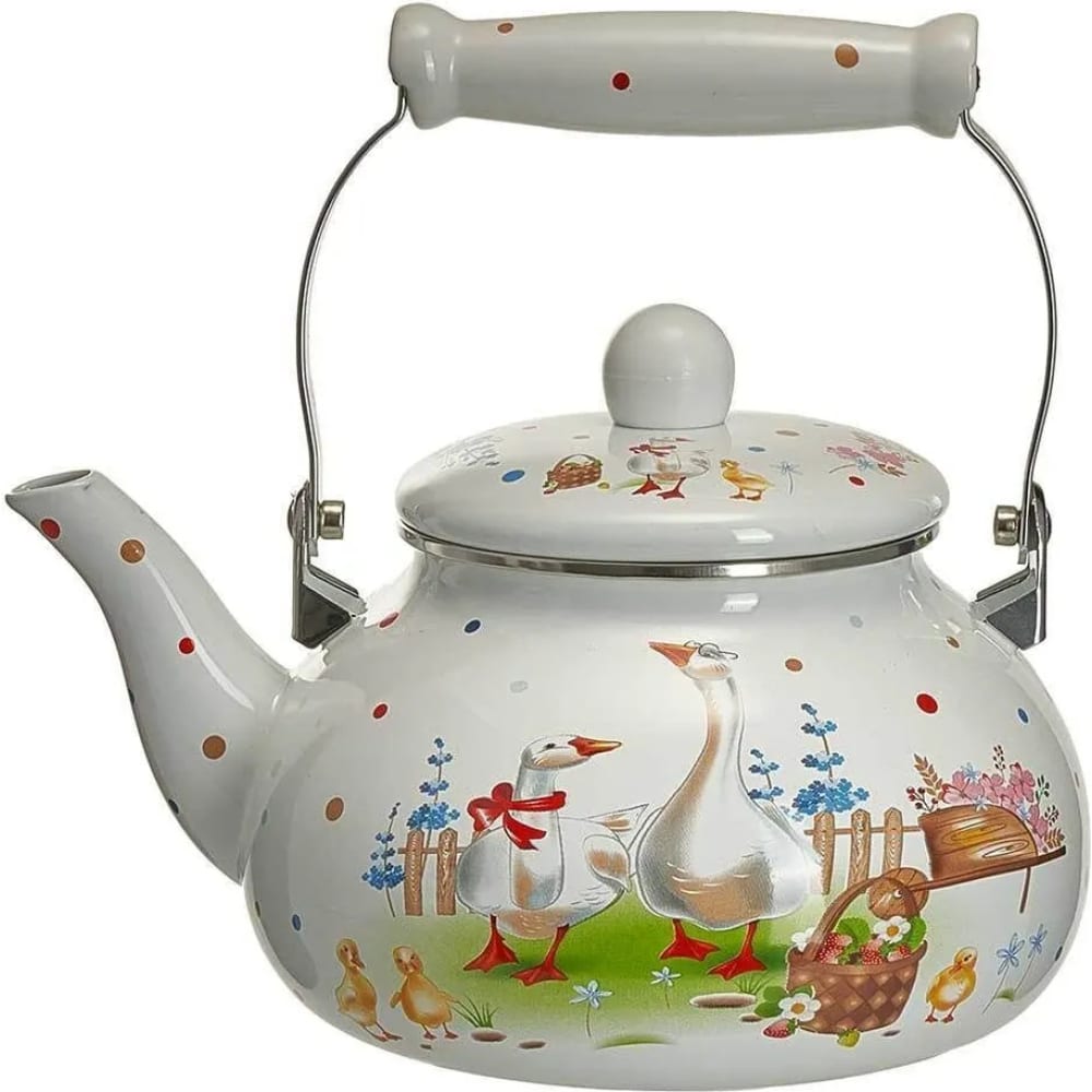 Эмалированный чайник MetaLLoni, цвет разноцветный Р1-00012988 EM-251x1/73 2.5 л, Гуси - фото 1