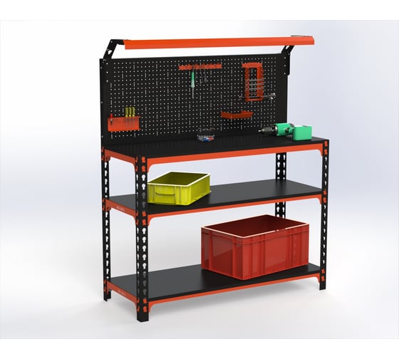 Изображение товара Верстак ООО Металекс серия SUN 950x1100x500 мм, 2-е полки + перфопанель с комплектом освещения, оранжево-чёрный 111500