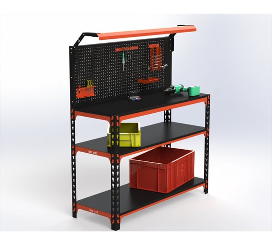 Изображение товара Верстак ООО Металекс серия SUN 950x1500x500 мм, 2-е полки + перфопанель с комплектом освещения, оранжево-чёрный 111504