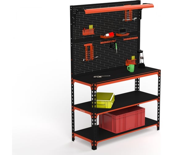 Изображение товара Верстак ООО Металекс серия SUN 950x1600x500 мм, 2-е полки, двойная перфопанель с комплектом освещения, оранжево-чёрный 111478