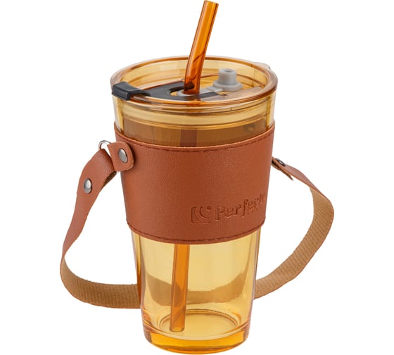 Изображение товара Стакан для напитков PERFECTO LINEA стеклянный с трубочкой, кожаным ремешком и кейсом, 450 мл, Amber 31-450201