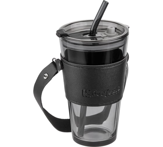 Изображение товара Стакан для напитков PERFECTO LINEA стеклянный с трубочкой, кожаным ремешком и кейсом, 450 мл, Smoke Grey PERFECTO 31-450101