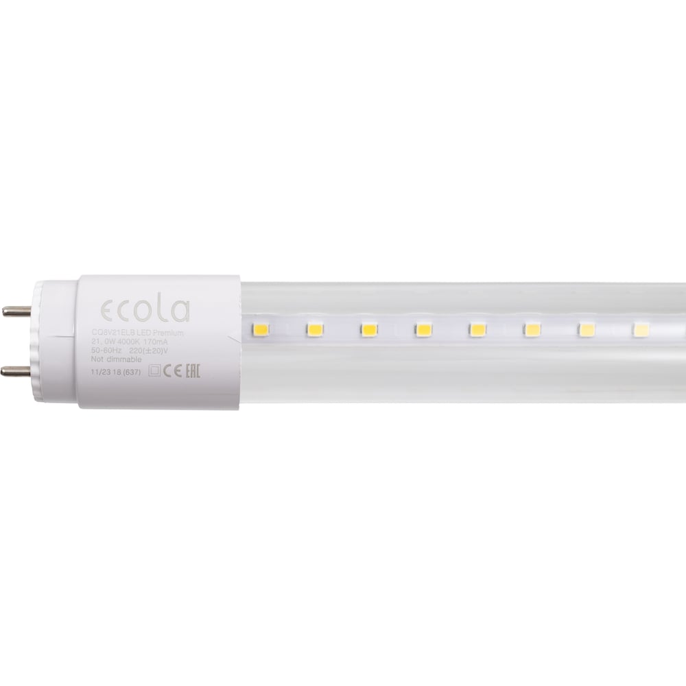 Изображение товара Светодиодная лампа Ecola T8 premium, g13, led, 21,0w, 220v, 4000k, с поворотными цоколями, прозрачное стекло, 1213x26 упак.инд.цв./8/24) CQ8V21ELB