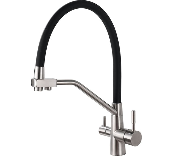 Изображение товара Смеситель для кухни OUTE матовый хром с черным изливом, однорычажный, с дополнительным выводом под фильтр питьевой воды, с аэратором, с гибким изливом T603S-2
