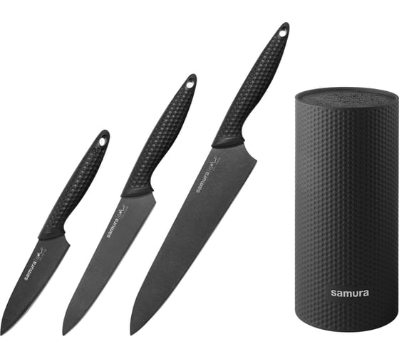 Изображение товара Набор из 3 ножей и подставки Samura "GOLF Stonewash" 10B, 23B, 85B, в подарочной коробке SG-04B/K