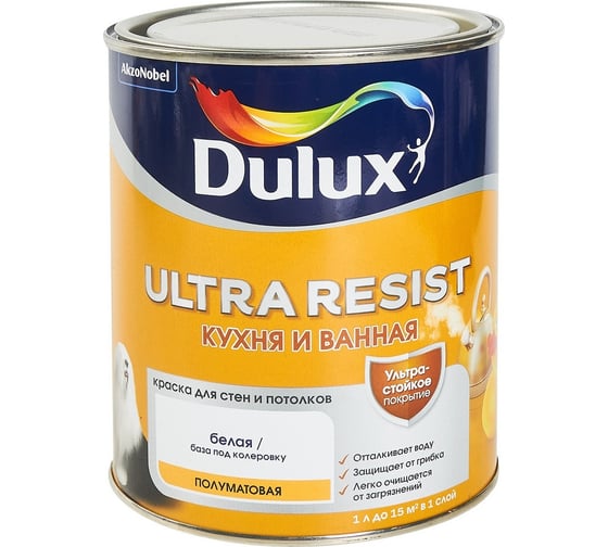 Изображение товара Краска Dulux Ultra Resist кухня и ванная, полуматовая, BC, 0,9 л 5757444