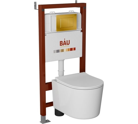 Изображение товара Комплект Bauedge BAU 6 в 1: инсталляция BAU PRO, унитаз подвесной безободковый Bau Hotel PRO, сиденье быстросъемное микролифт, клавиша BAU Stil, золото Q111300-NM0003-PRO-Q00013