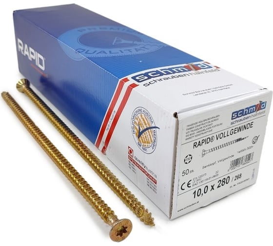 Изображение товара Шурупы Simpson Schmid Rapid FT SK Half-tip 10x280/268 TX50 желтый цинк, полная резьба, потайной, 50 шт 1945741002800001