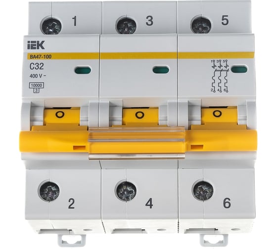 Изображение товара Автоматический модульный выключатель IEK 3п C 32А ВА 47-100 10кА ИЭК MVA40-3-032-C