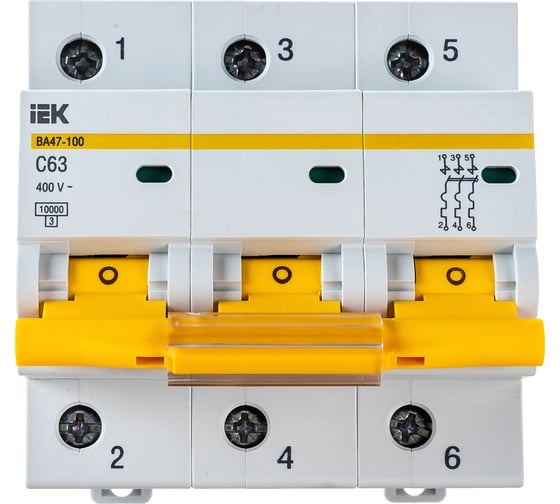 Изображение товара Автоматический трехполюсный выключатель IEK 63А С ВА47-100 10кА 9532848 MVA40-3-063-C