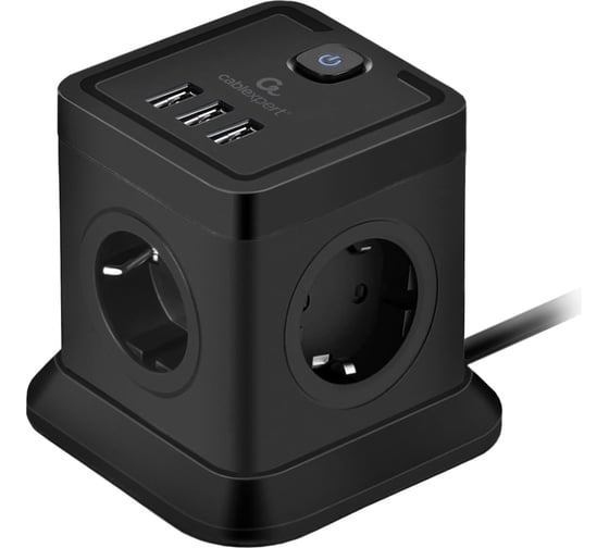 Изображение товара Сетевой фильтр Cablexpert Tower 4р, 10А, 3xUSB, 3.1А, 2м, ур.защиты 2+, черный, коробка TWR-4-U3-B-2