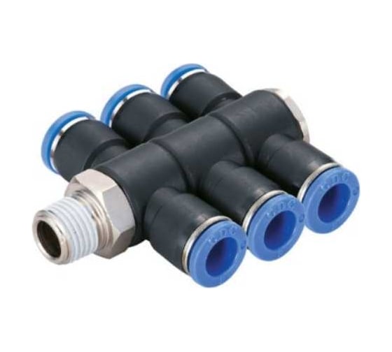 Изображение товара Фитинг цанговый коллектор Т-образный, резьба R1/4 шесть выходов под трубку 10 мм CDC Pneumatics 10023N PHT 1002(3)N