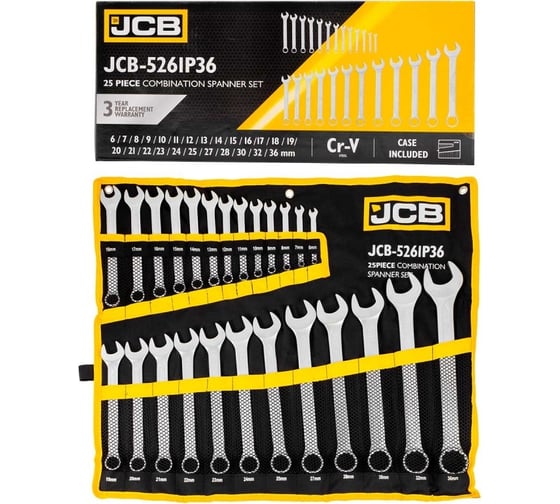 Изображение товара Набор ключей JCB комбинированных, 25 предметов, на полотне JCB-5261P36(57167)
