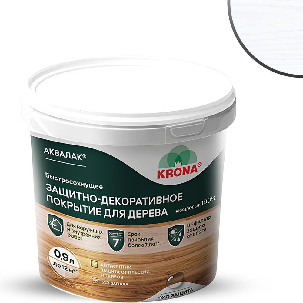 Изображение товара Защитно-декоративный лак для дерева KRONA Аквалак белый, 0.9 л 66364203