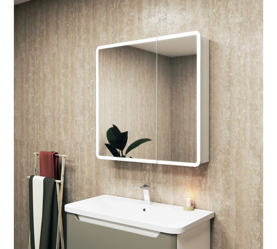 Изображение товара Зеркальный шкаф Bauedge Bau Stil 80x80, LED подсветка, сенсор, плавное закрывание, оборачиваемый BS8080W