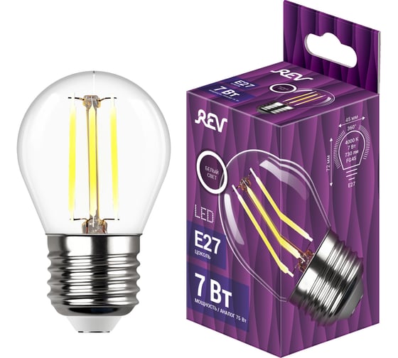 Изображение товара Светодиодная лампа REV Filament G45 E27 7W, 4000K 32485 0