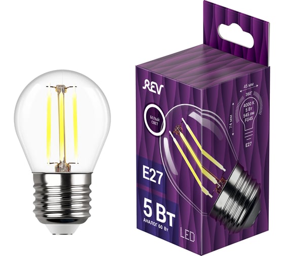 Изображение товара Светодиодная лампа REV Filament G45 E27 5W, 4000K 32484 3