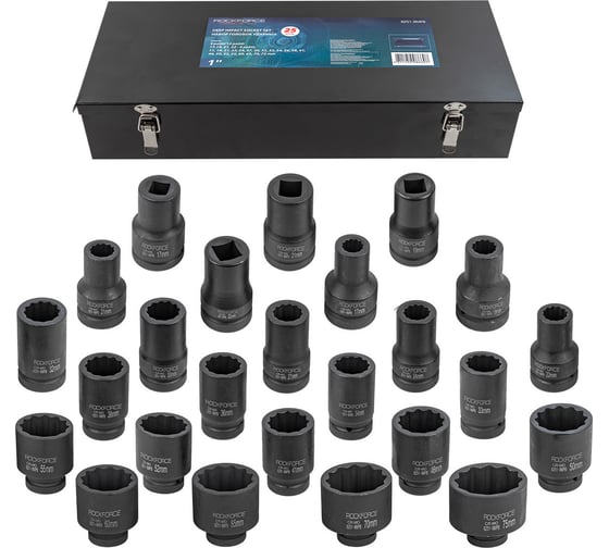 Изображение товара Набор головок ударных глубоких 25 предметов, 1" 12-гранных, в кейсе Rockforce RF-8251-9MPB