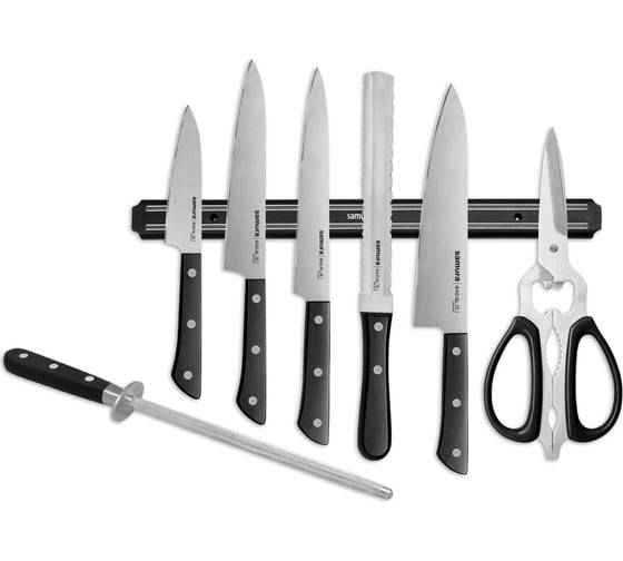 Изображение товара Набор ножей Samura "HARAKIRI" Super Set 8в1, 11, 23, 45, 57, 85, мусат, ножницы, магнитный держатель SHR-0280B/K