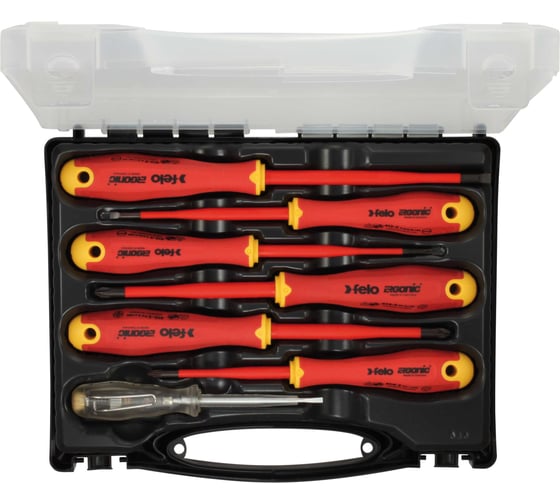Изображение товара Набор диэлектрических отверток SL/PH/PZ E-Slim, отвертка тестер напряжения сети Felo Ergonic в кейсе, 7 шт 41380736