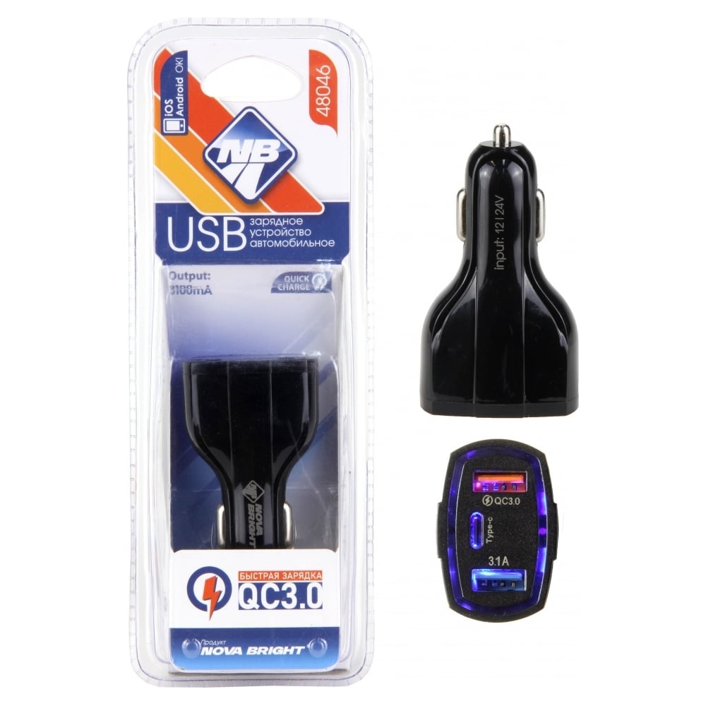 Изображение товара Зарядное устройство для мобильного устройств Nova Bright 2 USB порта+Type-C, QC3.0 (функция быстрой зарядки), 3100 мА, LED индикатор, 12/24 В 48046