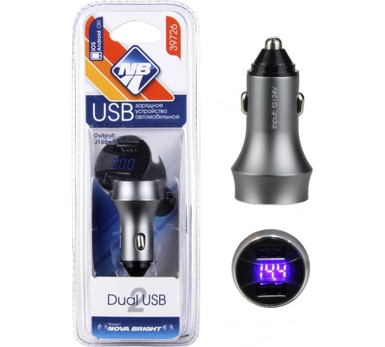 Изображение товара Зарядное устройство для мобильного устройств Nova Bright 2 USB-порта, 3100 мА + цифровой LED вольтметр, 12/24 В 39726