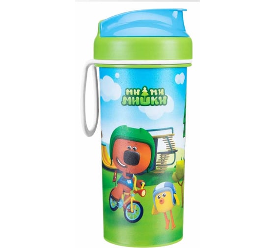 Изображение товара Детский стакан с крышкой, петлей и декором Пластишка "Ми-ми-мишки" 400 мл, зеленый 431331209