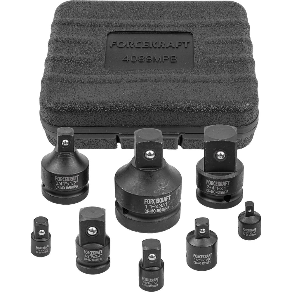 Изображение товара Набор адаптеров ударных 8 предметов (1/4(F)x3/8"(M), 3/8(F)x1/4"(M), 3/8(F)x1/2"(M), 1/2(F)x3/8"(M), 1/2(F)x3/4"(M), 3/4(F)x1/2"(M), 3/4(F)x1"(M), 1(F)x3/4"(M) в кейсе Forcekraft FK-4089MPB(28165)