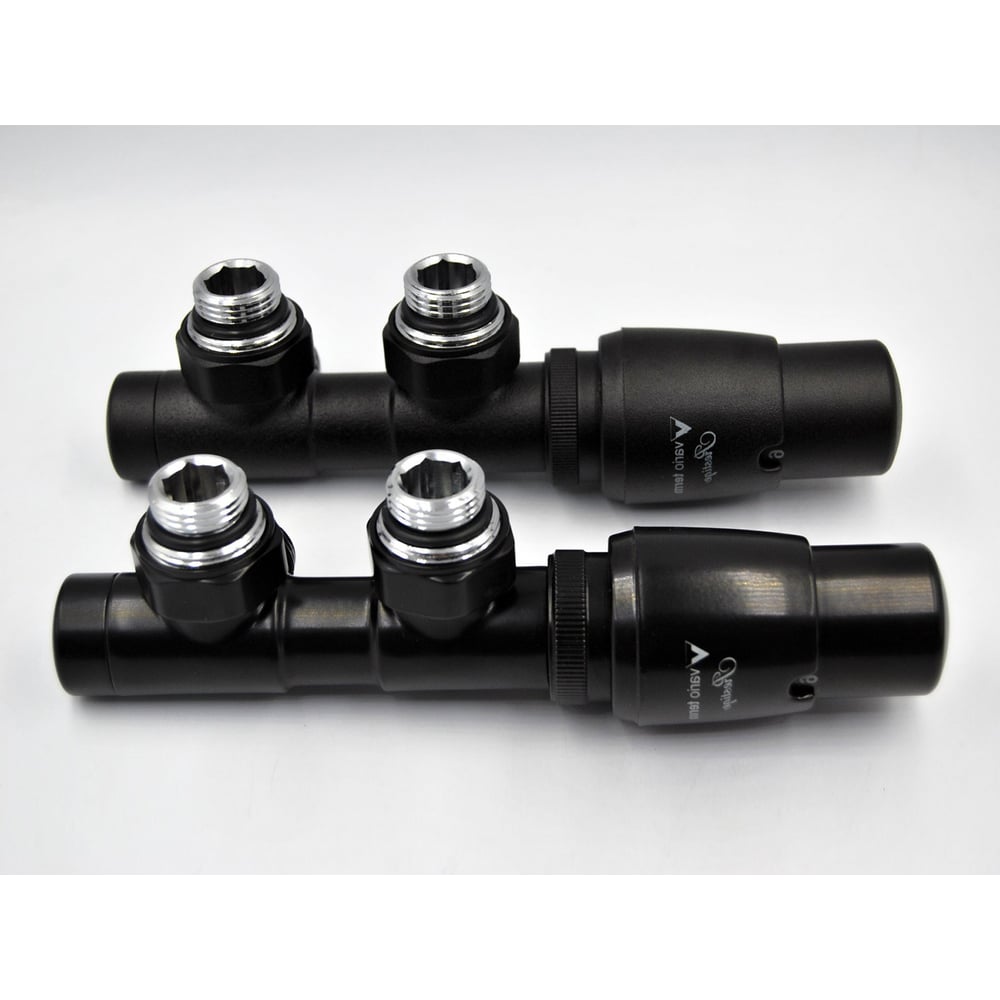 Изображение товара Комплект для углового подключения с термоголовкой Vario Twins правый чёрный матовый