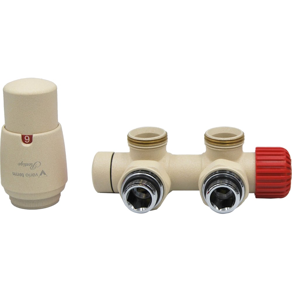 Изображение товара Комплект для углового подключения с термоголовкой Vario Term Twins правый структурный песочный