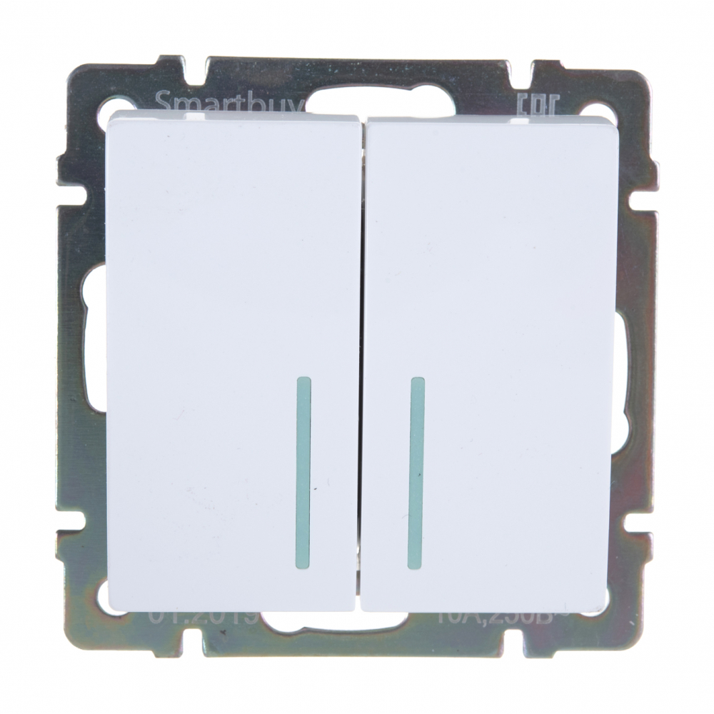 фото Выключатель smartbuy 2-клавишный с индикатором 10а белый нептун sbe-05w-10-sw2-1