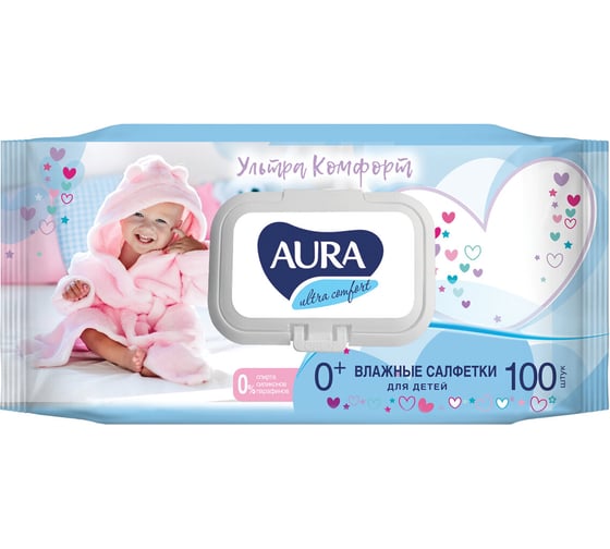 Изображение товара Влажные салфетки AURA Ultra comfort комплект 100 шт., для детей, гипоаллергенные, без спирта 127500