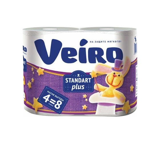 Изображение товара Бумага туалетная бытовая VEIRO Standart Plus спайка 4 шт, 2-х слойная, белая 3с24 128028