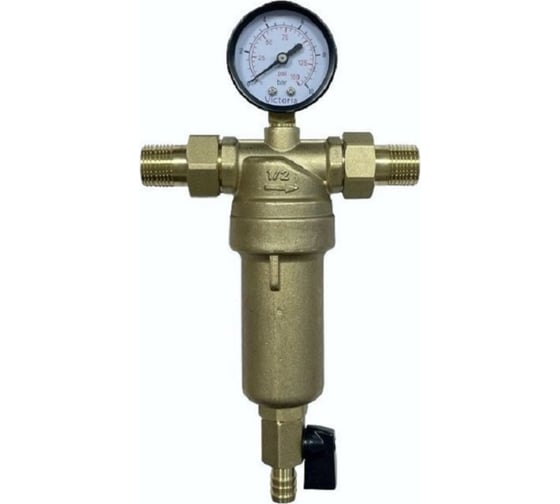 Изображение товара Промывной фильтр с манометром для горячей воды Victoria 1" (тонкая очистка) с американками 27-710