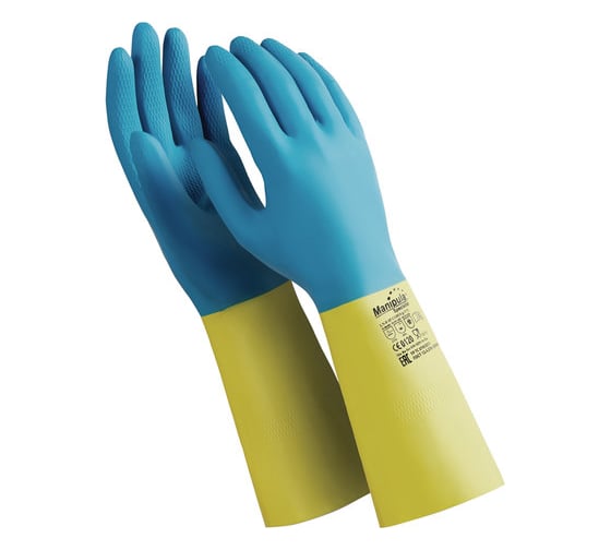 Изображение товара Латексно-неопреновые перчатки MANIPULA, хб напыление, размер 9-9.5, синие/желтые LN-F-05 605834