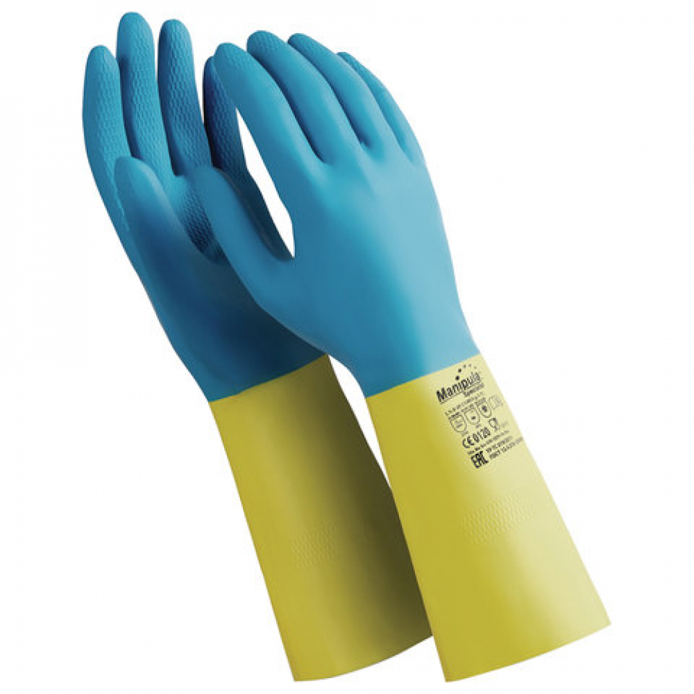 фото Латексно-неопреновые перчатки manipula союз, хб напыление, размер 7-7.5, синие/желтые ln-f-05 605832