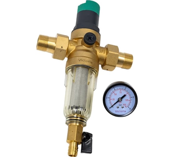 Изображение товара Промывной фильтр с редуктором давления и манометром для холодной воды Victoria 1/2"(тонкая очистка)с американками 27-706