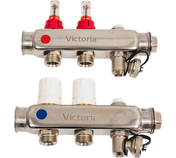Изображение товара Коллекторная группа из нержавеющей стали Victoria с расх. 1"x3/4ek- 2вых. (кран маевского + сливной кран) 60-102