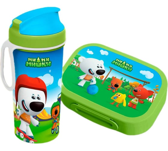 Изображение товара Набор Пластишка ланч-бокс 0.98 л и детский стакан с крышкой, петлей и декором "Ми-ми-мишки" 0.4 л, зеленый 431331309