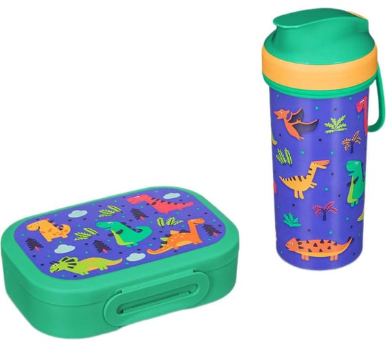 Изображение товара Набор Пластишка ланч-бокс 0.98 л и детский стакан с крышкой, петлей и декором 0.4 л, зеленый 431331409