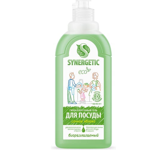 Изображение товара Средство для мытья посуды SYNERGETIC 500 мл, Яблоко, антибактериальное, дозатор 605559 103052 103052/14