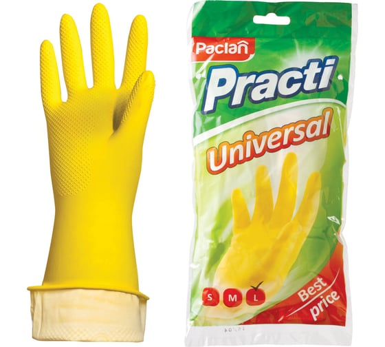 Изображение товара Хозяйственные перчатки PACLAN латекс, х/б напыление, размер L, желтые, Practi Universal 602482