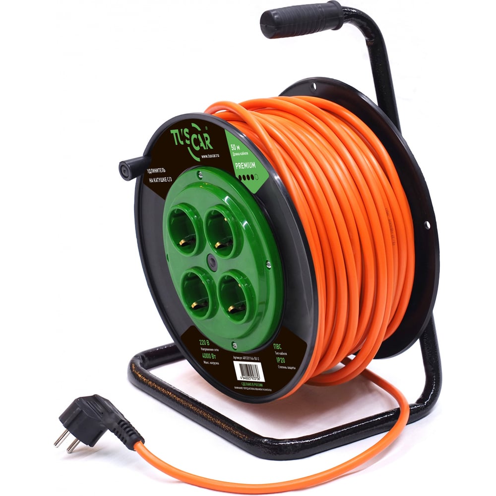 Изображение товара Электрический силовой удлинитель TUSCAR 50м 4 розетки на пластиковой катушке