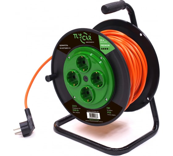 Изображение товара Электрический силовой удлинитель TUSCAR 30м, 4 розетки, на пласт. катушке, с/з пвс 3x1,5, 3,5квт 401331044-30-2