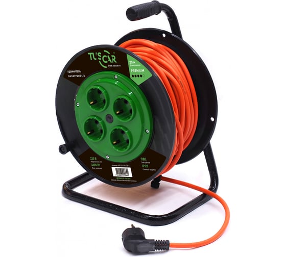 Изображение товара Электрический силовой удлинитель TUSCAR 30м, 4 розетки, на пласт. катушке, с/з пвс 3x2,5, 4квт 401331144-30-2